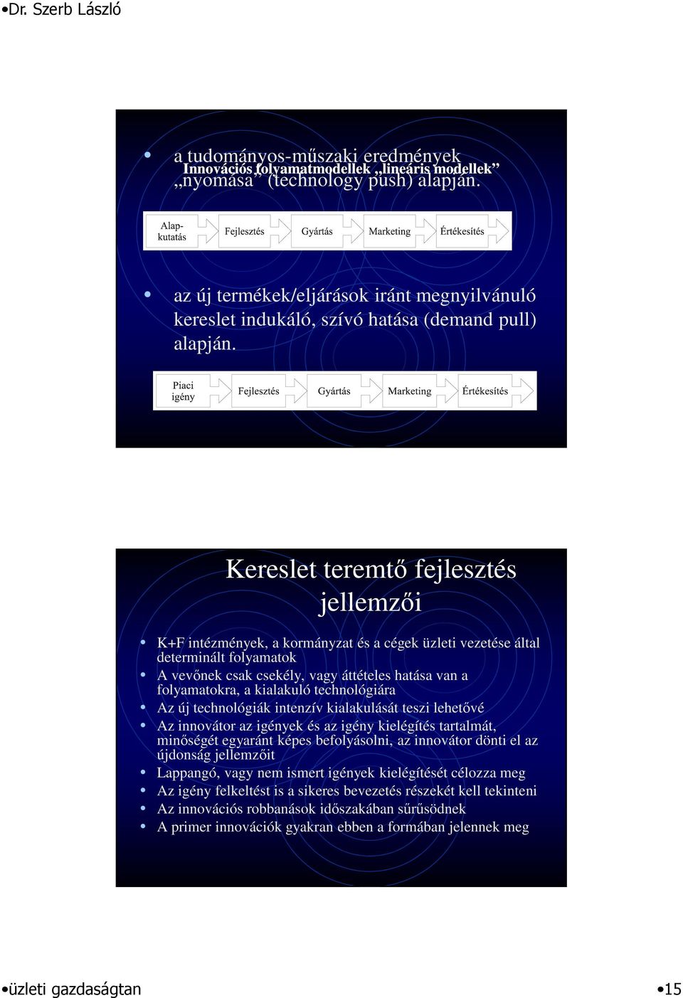 Kereslet teremtő fejlesztés jellemzői K+F intézmények, a kormányzat és a cégek üzleti vezetése által determinált folyamatok A vevőnek csak csekély, vagy áttételes hatása van a folyamatokra, a