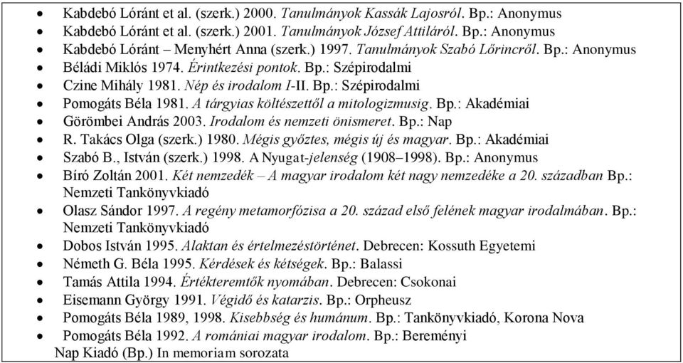 A tárgyias költészettől a mitologizmusig. Bp.: Akadémiai Görömbei András 003. Irodalom és nemzeti önismeret. Bp.: Nap R. Takács Olga (szerk.) 1980. Mégis győztes, mégis új és. Bp.: Akadémiai Szabó B.