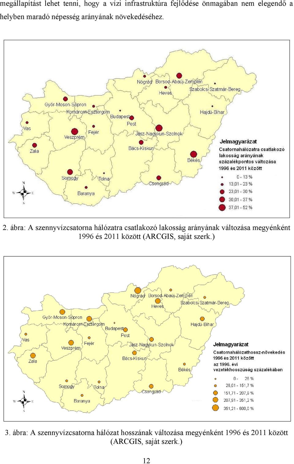 ábra: A szennyvízcsatorna hálózatra csatlakozó lakosság arányának változása megyénként 1996 és