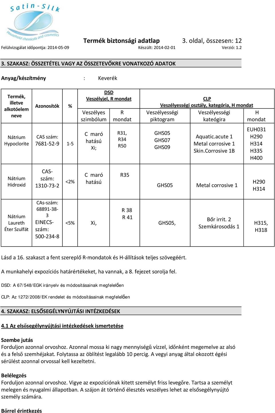 Veszélyességi osztály, kategória, H mondat Veszélyességi piktogram Veszélyességi kateógira H mondat Nátrium Hypoclorite CAS szám: 7681-52-9 1-5 C maró hatású Xi; R31, R34 R50 GHS05 GHS07 GHS09