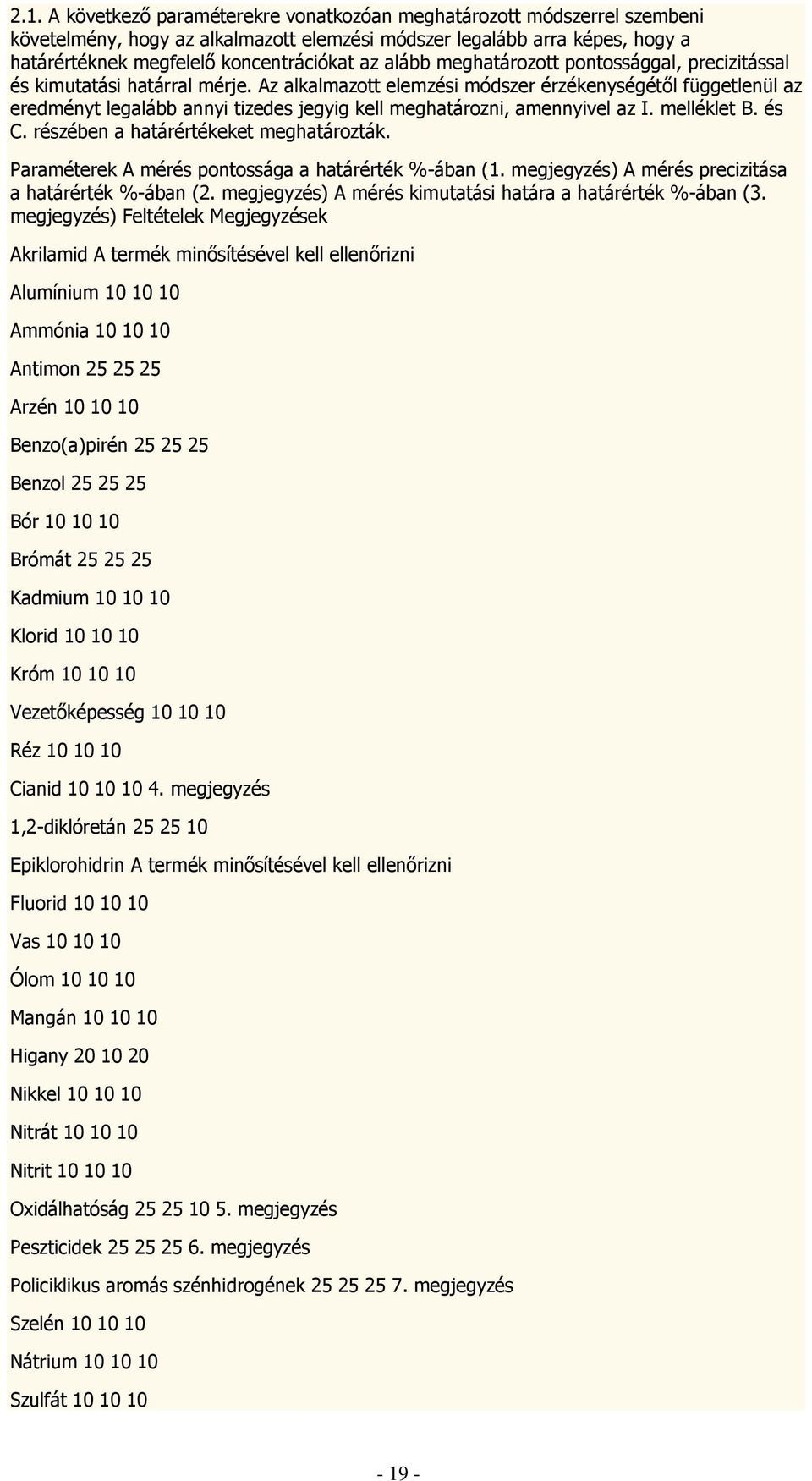 Az alkalmazott elemzési módszer érzékenységétől függetlenül az eredményt legalább annyi tizedes jegyig kell meghatározni, amennyivel az I. melléklet B. és C. részében a határértékeket meghatározták.