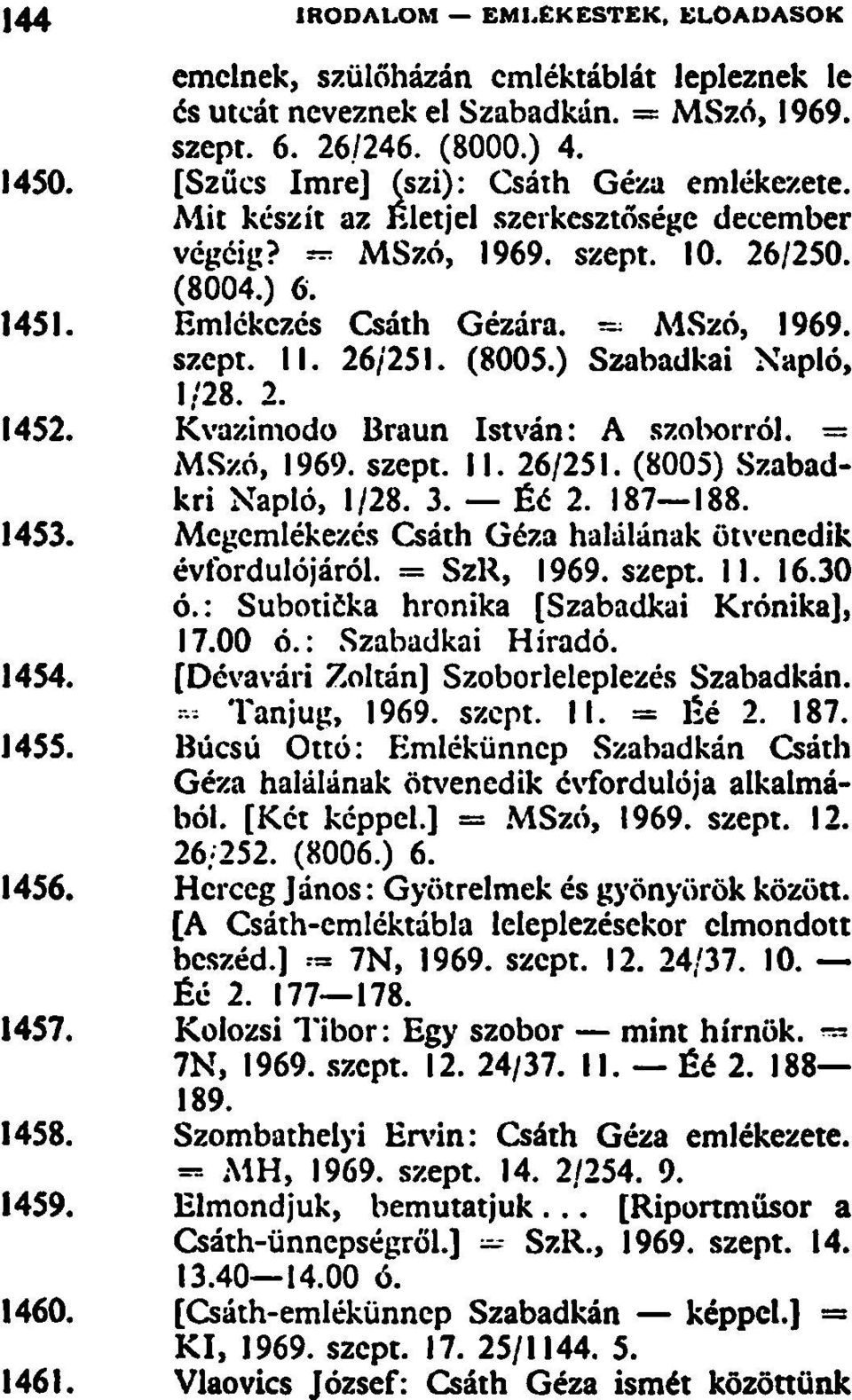 Kvazimodo Braun István: A szoborról. = MSzó, 1969. szept. II. 26/251. (8005) Szabadkri Napló, 1/28. 3. Éé 2. 187 188. 1453. Megemlékezés Csáth Géza halálának ötvenedik évfordulójáról. = SzR, 1969.