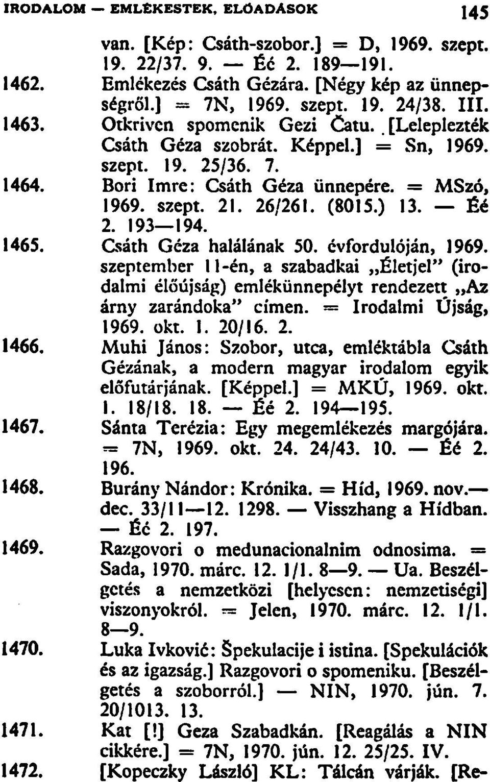 Csáth Géza halálának 50. évfordulóján, 1969. szeptember 11 -én, a szabadkai Életjel" (irodalmi élőújság) emlékünnepélyt rendezett Az árny zarándoka" címen. = Irodalmi Újság, 1969. okt. 1. 20/16. 2. 1466.