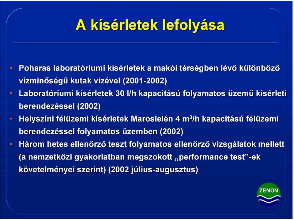 Maroslelén 4 m 3 /h kapacitású félüzemi berendezéssel folyamatos üzemben (2002) Három hetes ellenőrző teszt folyamatos ellenőrző