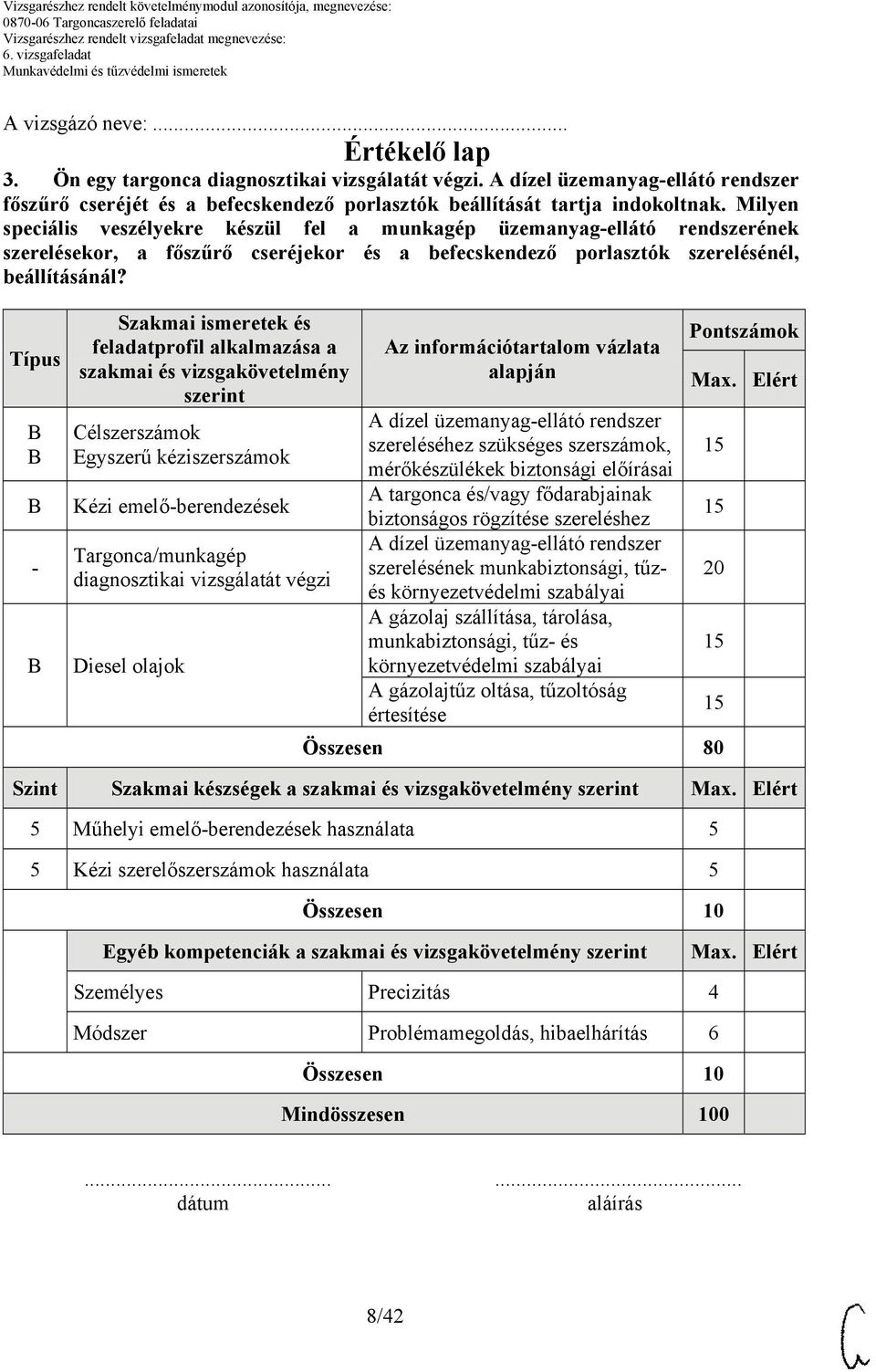 Típus Szakmai ismeretek és feladatprofil alkalmazása a szakmai és vizsgakövetelmény szerint Célszerszámok Egyszerű kéziszerszámok Kézi emelőberendezések Targonca/munkagép diagnosztikai vizsgálatát