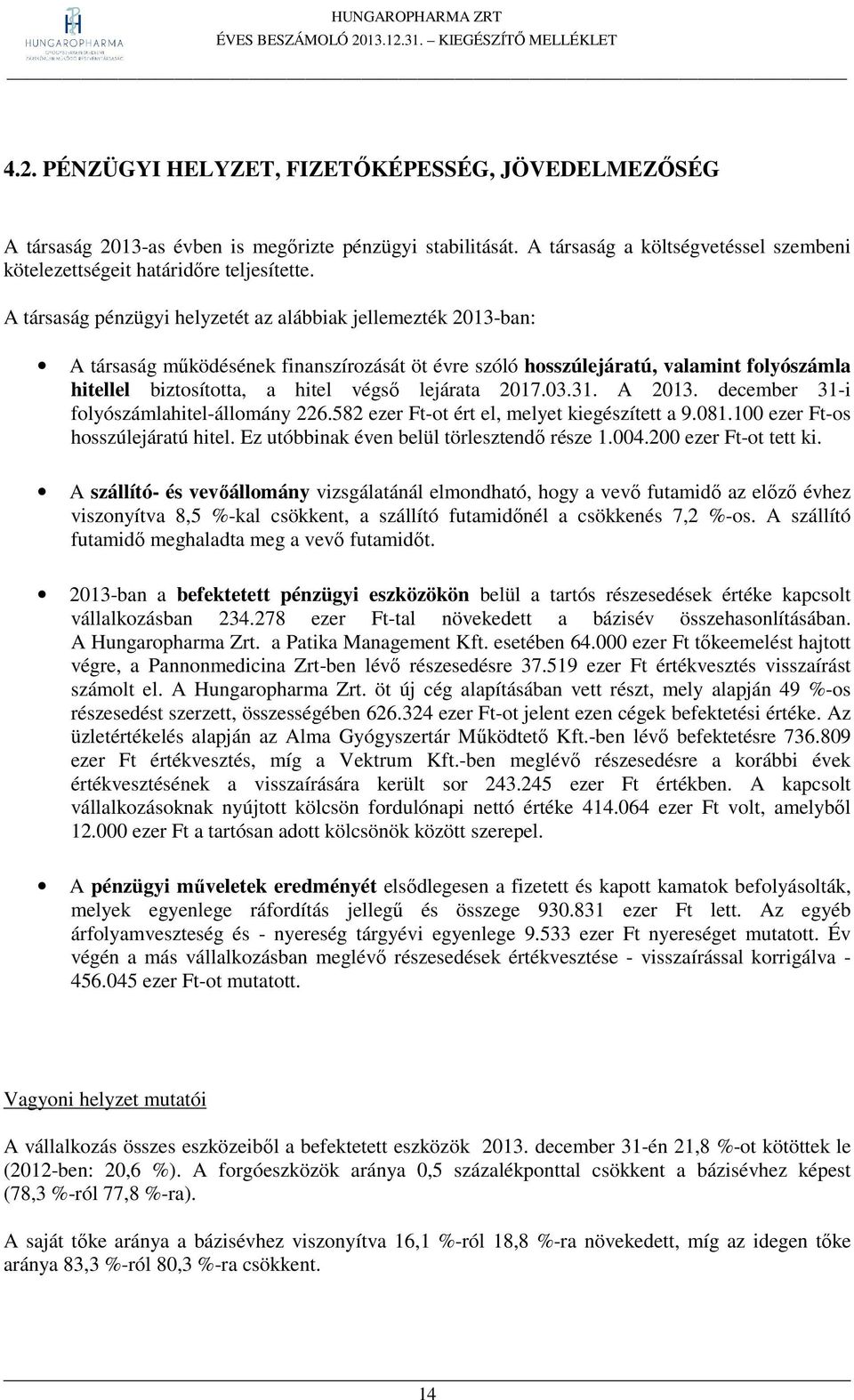 2017.03.31. A 2013. december 31-i folyószámlahitel-állomány 226.582 ezer Ft-ot ért el, melyet kiegészített a 9.081.100 ezer Ft-os hosszúlejáratú hitel. Ez utóbbinak éven belül törlesztendő része 1.