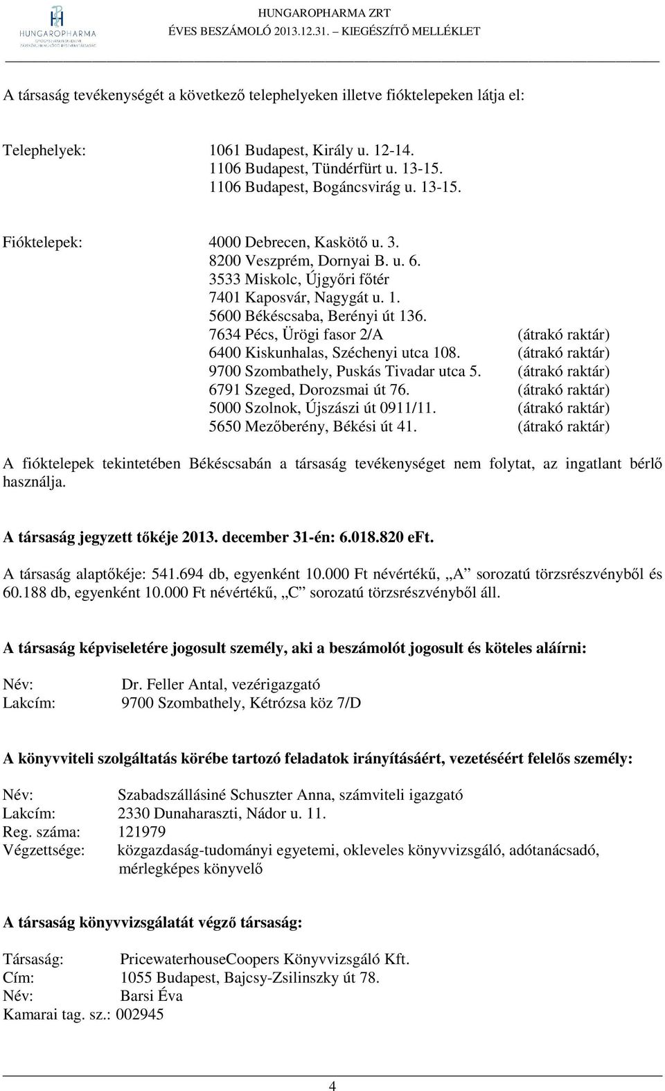 7634 Pécs, Ürögi fasor 2/A (átrakó raktár) 6400 Kiskunhalas, Széchenyi utca 108. (átrakó raktár) 9700 Szombathely, Puskás Tivadar utca 5. (átrakó raktár) 6791 Szeged, Dorozsmai út 76.