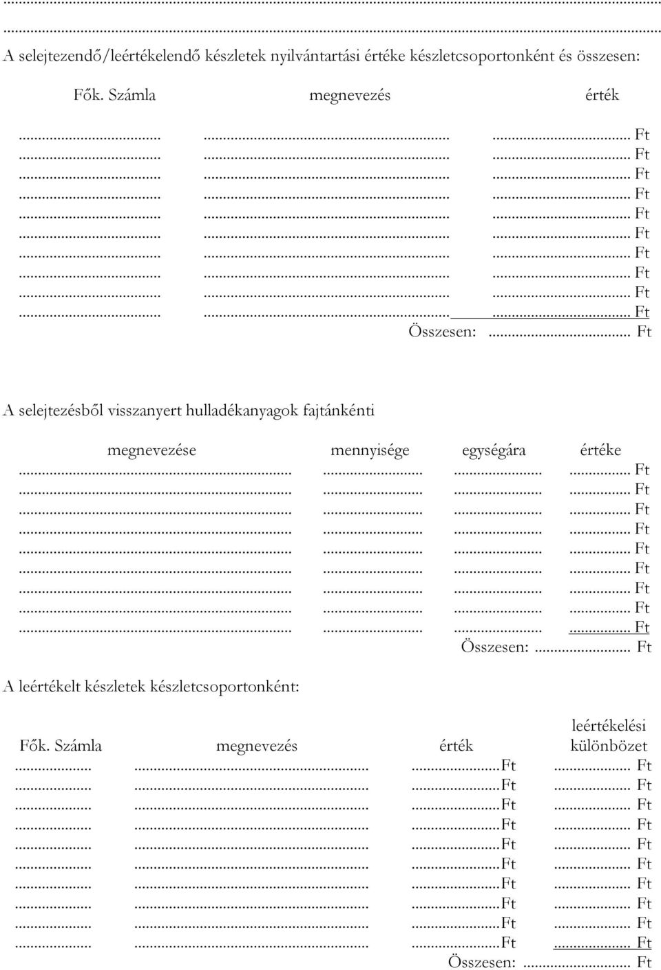 .. Ft A selejtezésből visszanyert hulladékanyagok fajtánkénti megnevezése mennyisége egységára értéke............ Ft............ Ft............ Ft............ Ft............ Ft............ Ft............ Ft............ Ft............ Ft Összesen:.