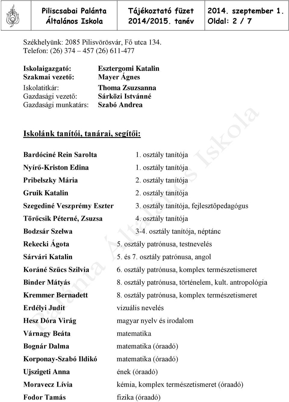 Iskolánk tanítói, tanárai, segítői: Bardóciné Rein Sarolta Nyírő-Kriston Edina Pribelszky Mária Gruik Katalin Szegediné Veszprémy Eszter Törőcsik Péterné, Zsuzsa Bodzsár Szelwa Rekecki Ágota Sárvári