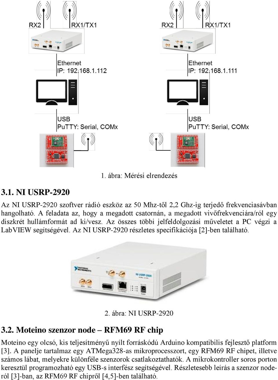 Az NI USRP-2920 részletes specifikációja [2]-ben található. 2. ábra: NI USRP-2920 3.2. Moteino szenzor node RFM69 RF chip Moteino egy olcsó, kis teljesítményű nyílt forráskódú Arduino kompatibilis fejlesztő platform [3].