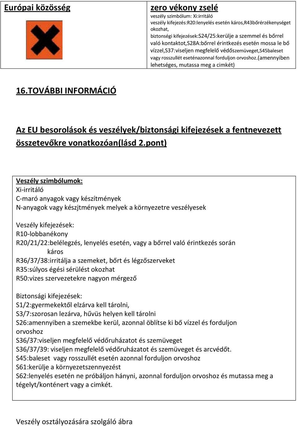 (amennyiben lehetséges, mutassa meg a cimkét) 16.TOVÁBBI INFORMÁCIÓ Az EU besorolások és veszélyek/biztonsági kifejezések a fentnevezett összetevőkre vonatkozóan(lásd 2.