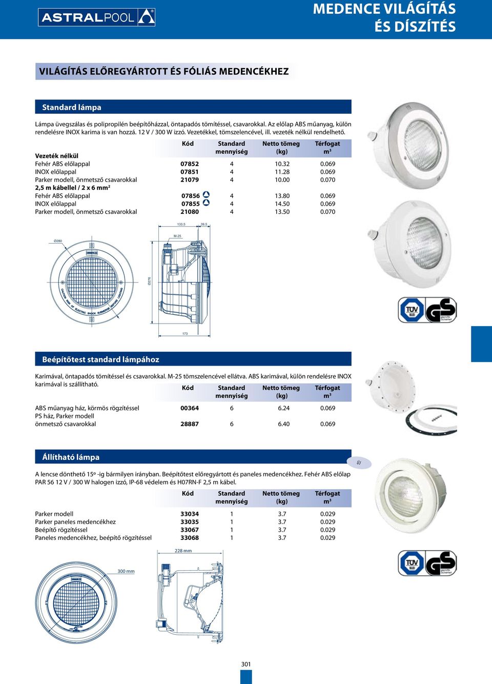 Kód Standard Netto tömeg Térfogat Vezeték nélkül Fehér ABS előlappal 07852 mennyiség 4 (kg) 10.32 m 3 0.069 INOX előlappal 07851 4 11.28 0.069 Parker modell, önmetsző csavarokkal 21079 4 10.00 0.