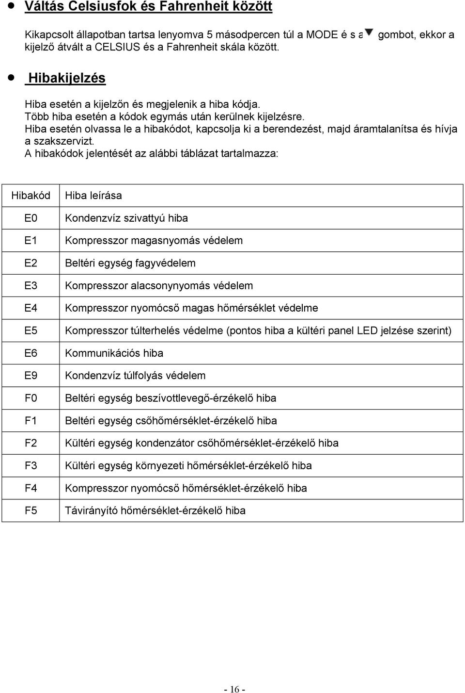 Hiba esetén olvassa le a hibakódot, kapcsolja ki a berendezést, majd áramtalanítsa és hívja a szakszervizt.