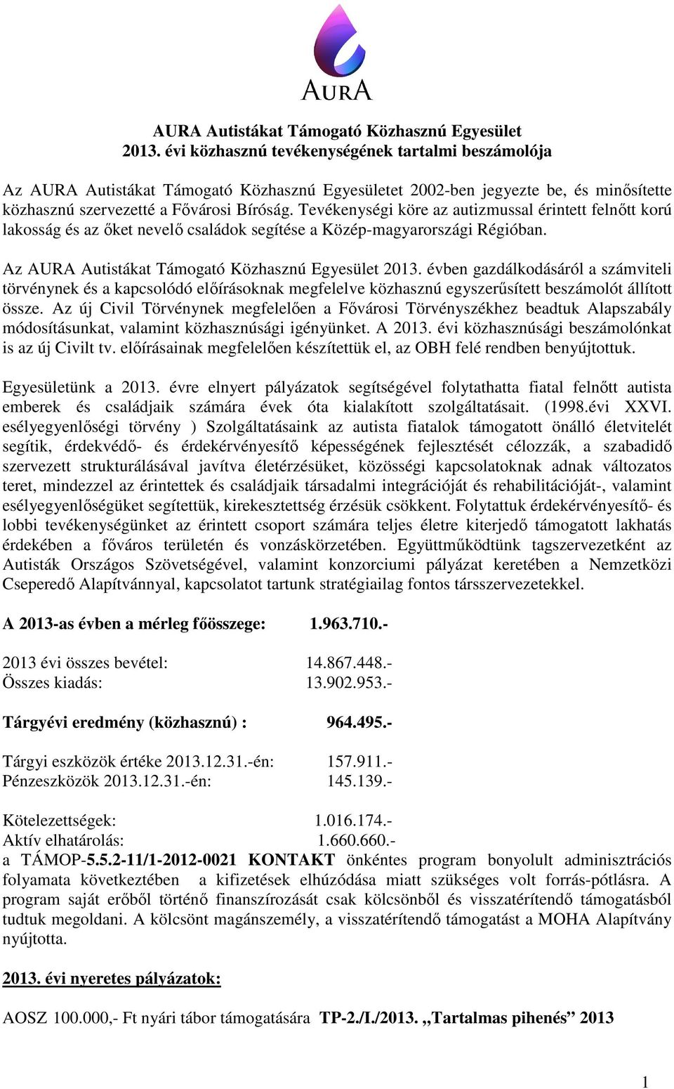 Tevékenységi köre az autizmussal érintett felnőtt korú lakosság és az őket nevelő családok segítése a Közép-magyarországi Régióban.