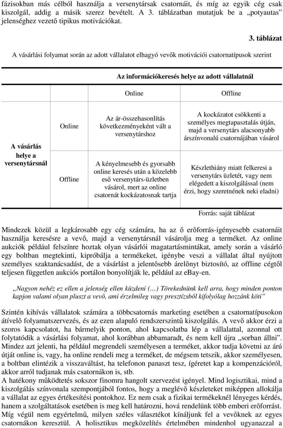 táblázat A vásárlási folyamat során az adott vállalatot elhagyó vevők motivációi csatornatípusok szerint Az információkeresés helye az adott vállalatnál Online Offline A vásárlás helye a