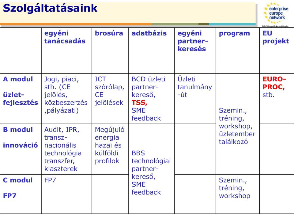 (CE jelölés, közbeszerzés,pályázati) Audit, IPR, transznacionális technológia transzfer, klaszterek FP7 ICT szórólap, CE jelölések