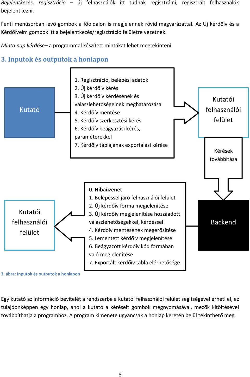 Inputok és outputok a honlapon Kutató 1. Regisztráció, belépési adatok 2. Új kérdőív kérés 3. Új kérdőív kérdésének és válaszlehetőségeinek meghatározása 4. Kérdőív mentése 5.