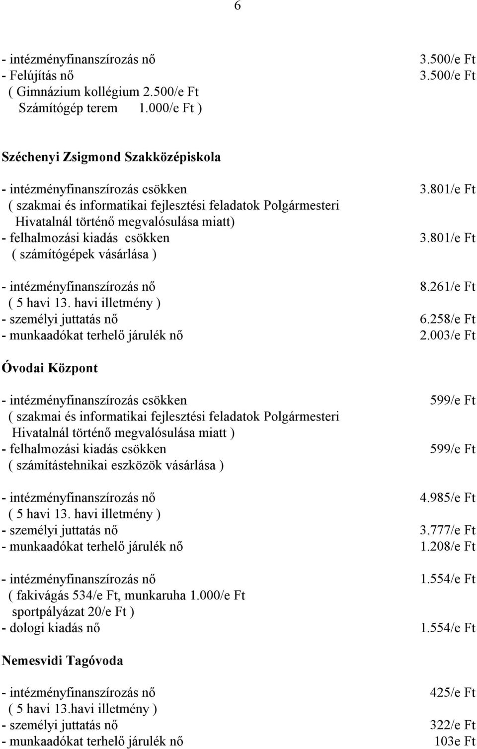 kiadás csökken ( számítógépek vásárlása ) 3.801/e Ft 3.801/e Ft 8.261/e Ft - személyi juttatás nő 6.258/e Ft - munkaadókat terhelő járulék nő 2.