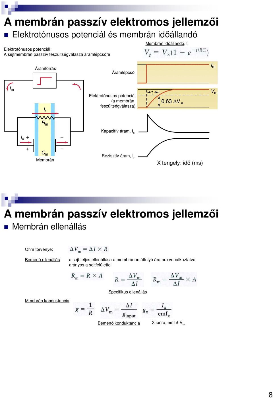 c Membrán Rezisztív áram, I r X tengely: idő (ms) A membrán passzív elektromos jellemzői Membrán ellenállás Ohm törvénye: Bemenő ellenállás a sejt