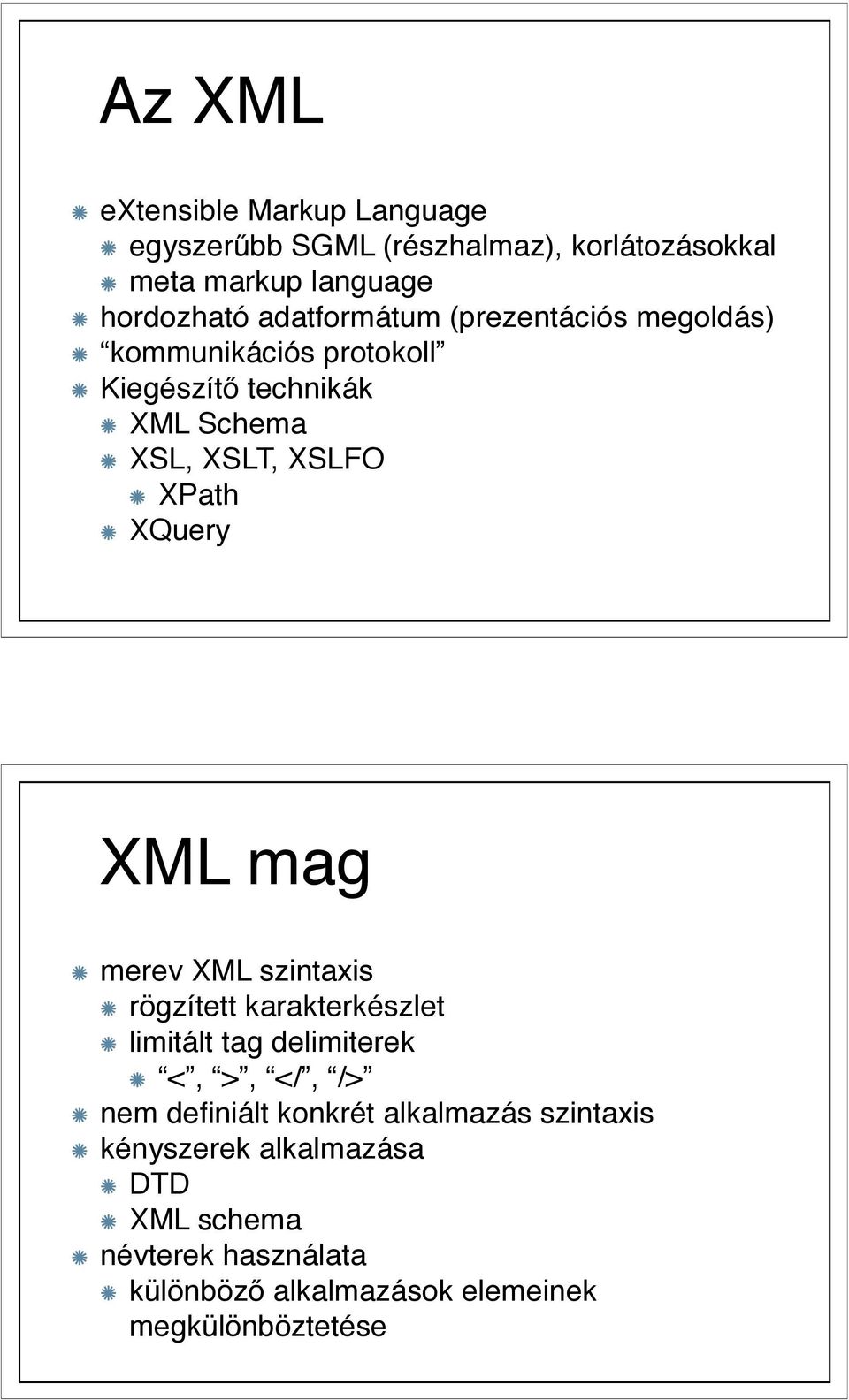 kommunikációs protokoll Kiegészít" technikák XML Schema XSL, XSLT, XSLFO XPath XQuery XML mag merev XML szintaxis