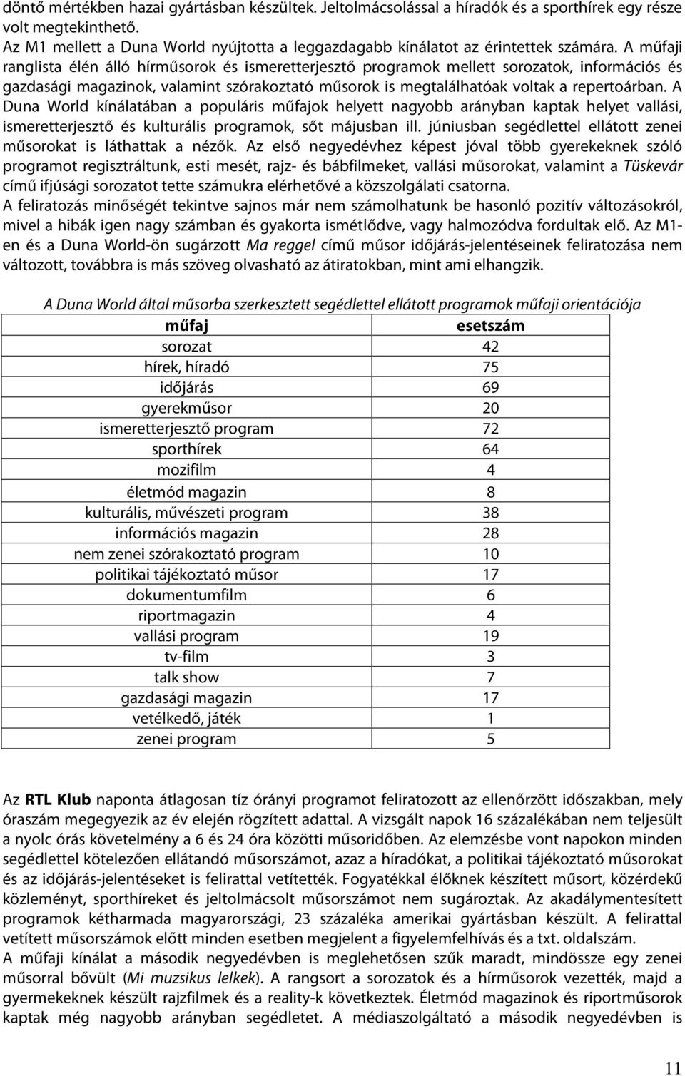 A i ranglista élén álló hírműsorok és ismeretterjesztő programok mellett sorozatok, információs és gazdasági magazinok, valamint szórakoztató műsorok is megtalálhatóak voltak a repertoárban.