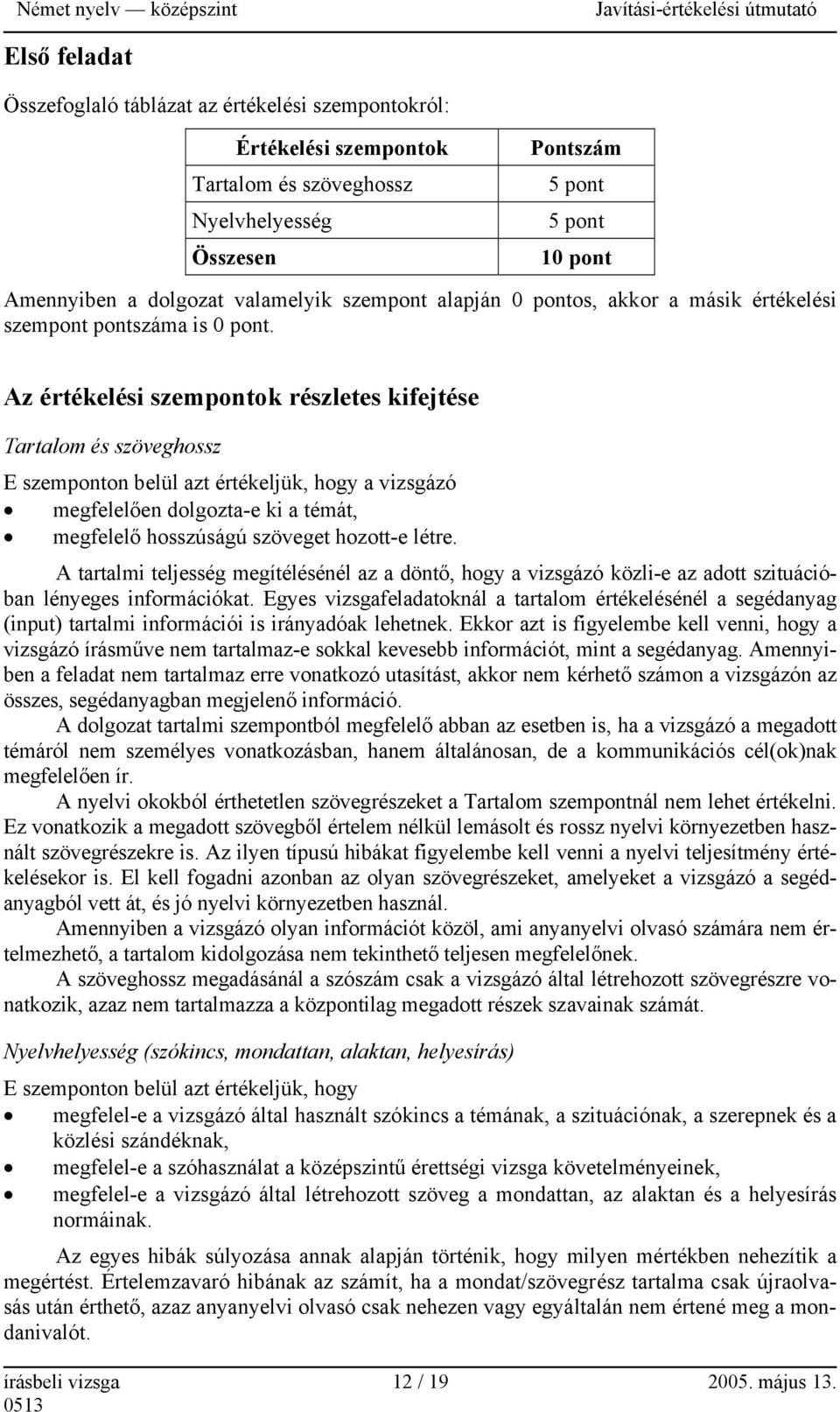 Az értékelési szempontok részletes kifejtése Tartalom és szöveghossz E szemponton belül azt értékeljük, hogy a vizsgázó megfelelően dolgozta-e ki a témát, megfelelő hosszúságú szöveget hozott-e létre.