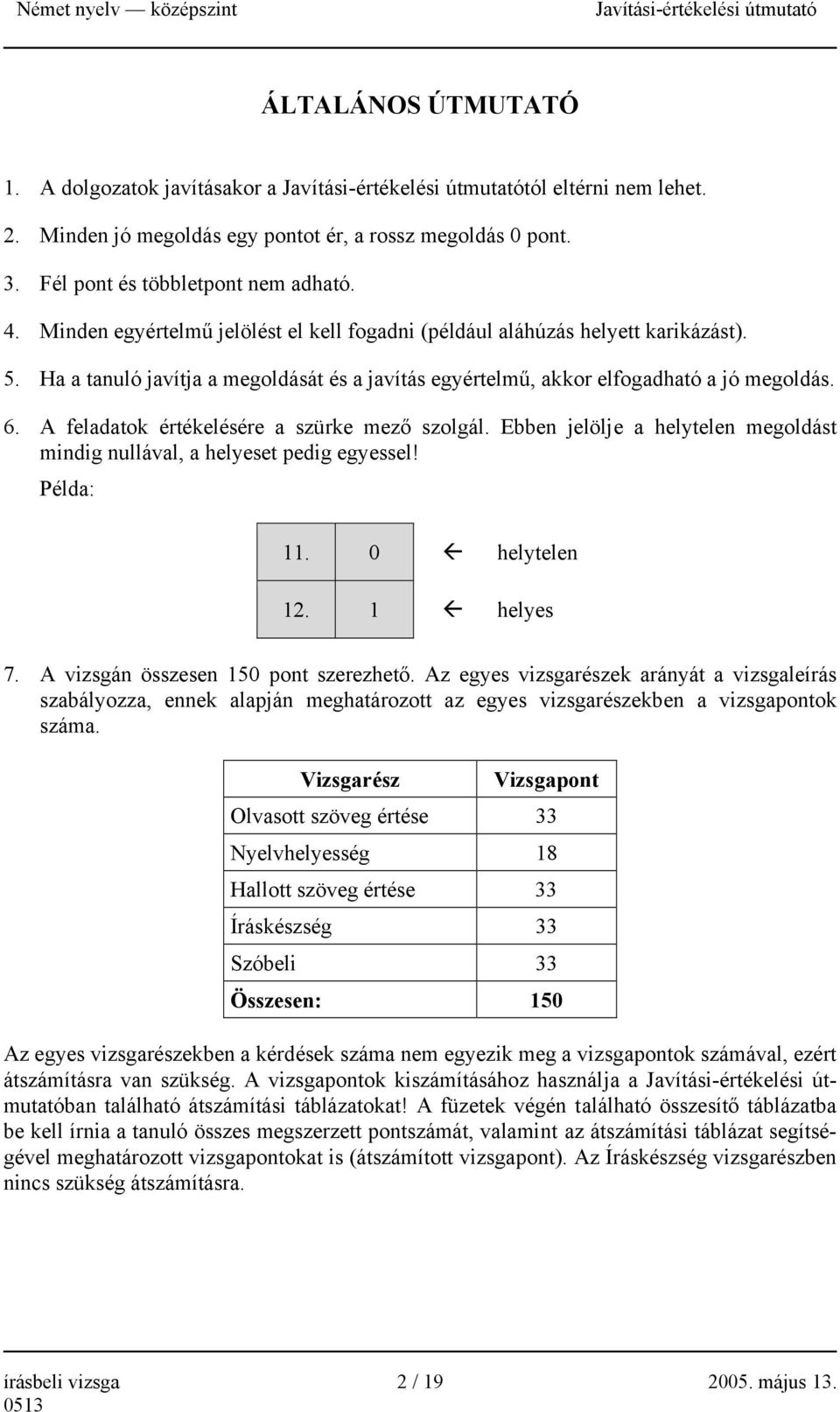 A feladatok értékelésére a szürke mező szolgál. Ebben jelölje a helytelen megoldást mindig nullával, a helyeset pedig egyessel! Példa: 11. 0 helytelen 12. 1 helyes 7.