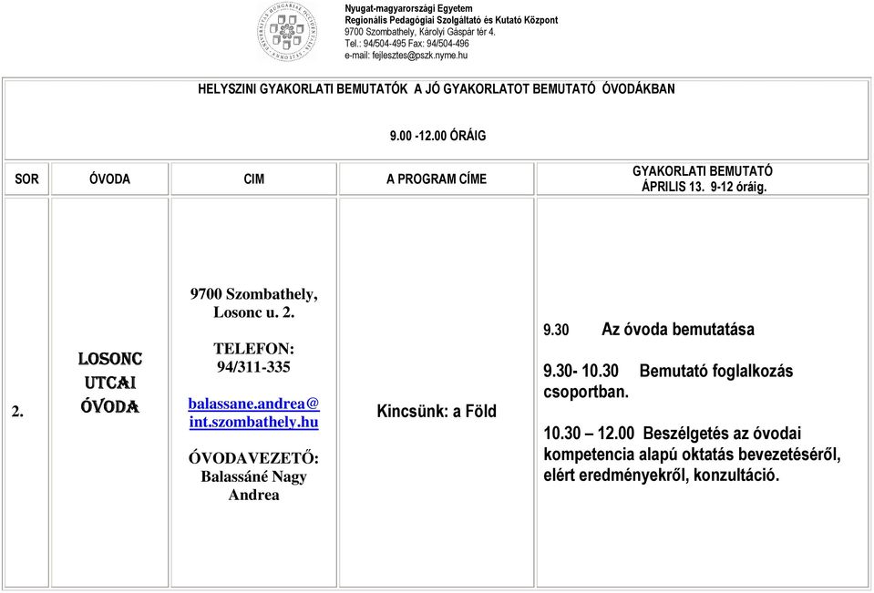szombathely.hu Balassáné Nagy Andrea Kincsünk: a Föld 9.30 Az óvoda bemutatása 9.30-10.