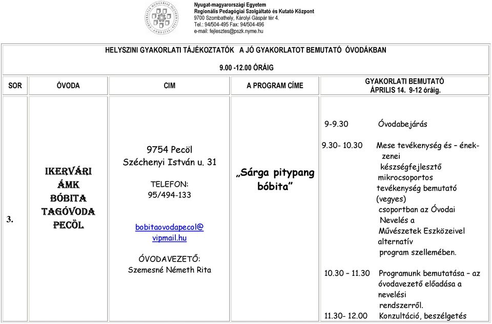 30 Mese tevékenység és énekzenei készségfejlesztı mikrocsoportos tevékenység bemutató (vegyes) csoportban az Óvodai Nevelés a