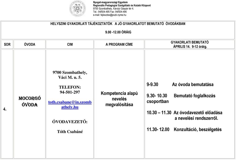 hu Kompetencia alapú nevelés megvalósítása 9-9.30 Az óvoda bemutatása 9.30-10.