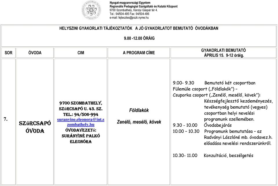 30 Bemutató két csoportban Fülemüle csoport ( Földlakók ) Csuporka csoport ( Zenélı, mesélı, kövek ): Készségfejlesztı kezdeményezés, tevékenység