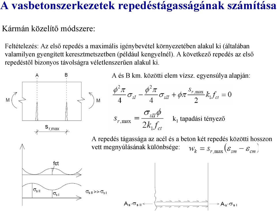 A következő repedés az első repedéstől bizonyos távolságra véletlenszerűen alakul ki. A és B km. közötti elem vízsz.