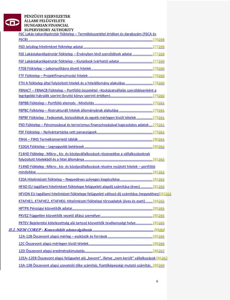 .. 277259 F7EB Fióktelep Lebonyolításra átvett hitelek... 278260 F7F Fióktelep Projektfinanszírozási hitelek... 278260 F7H A fióktelep által folyósított hitelek és a hitelállomány alakulása.