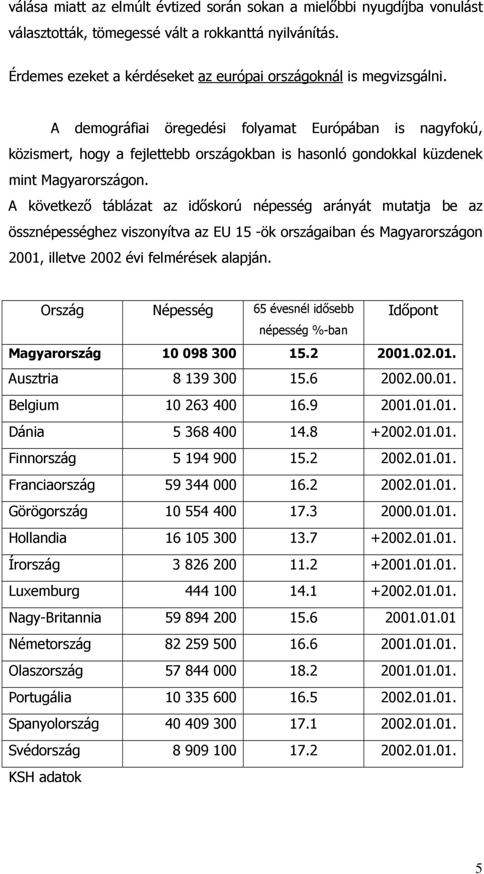 A következı táblázat az idıskorú népesség arányát mutatja be az össznépességhez viszonyítva az EU 15 -ök országaiban és Magyarországon 2001, illetve 2002 évi felmérések alapján.