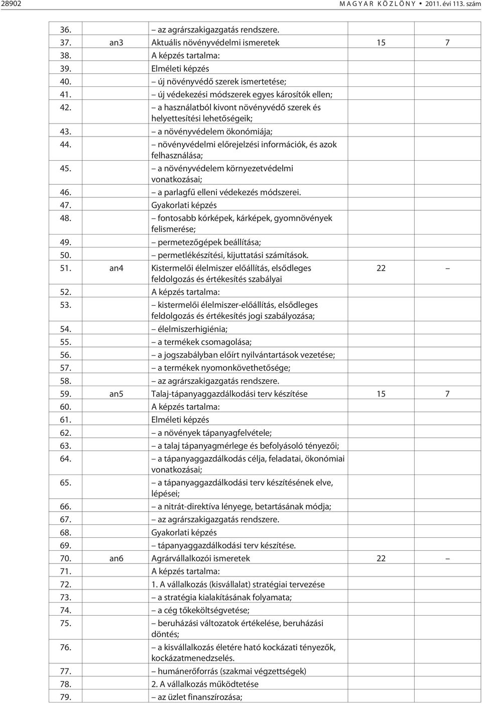 növényvédelmi elõrejelzési információk, és azok felhasználása; 45. a növényvédelem környezetvédelmi vonatkozásai; 46. a parlagfû elleni védekezés módszerei. 47. Gyakorlati képzés 48.