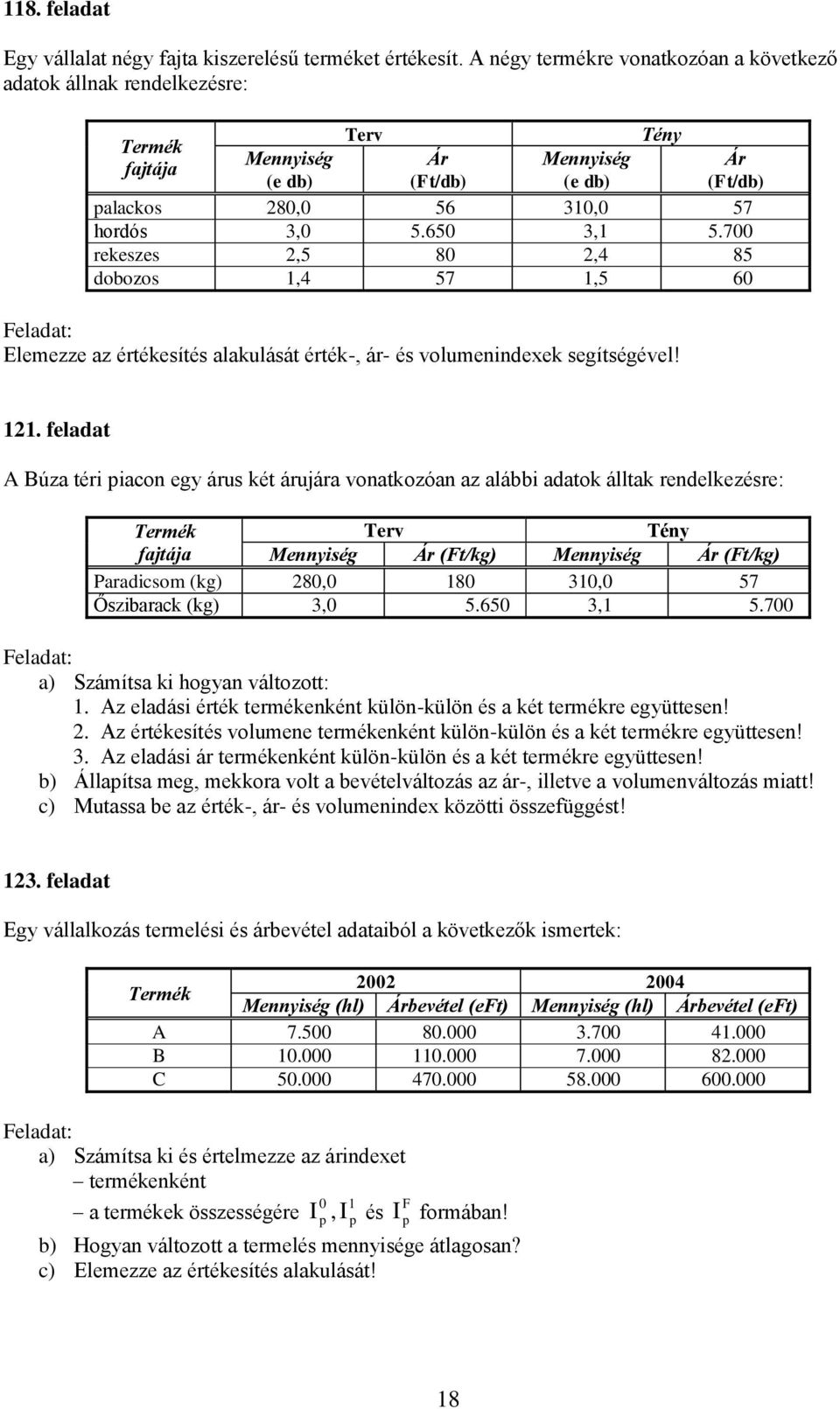 700 rekeszes 2,5 80 2,4 85 dobozos 1,4 57 1,5 60 Elemezze az értékesítés alakulását érték-, ár- és volumenindexek segítségével! 121.