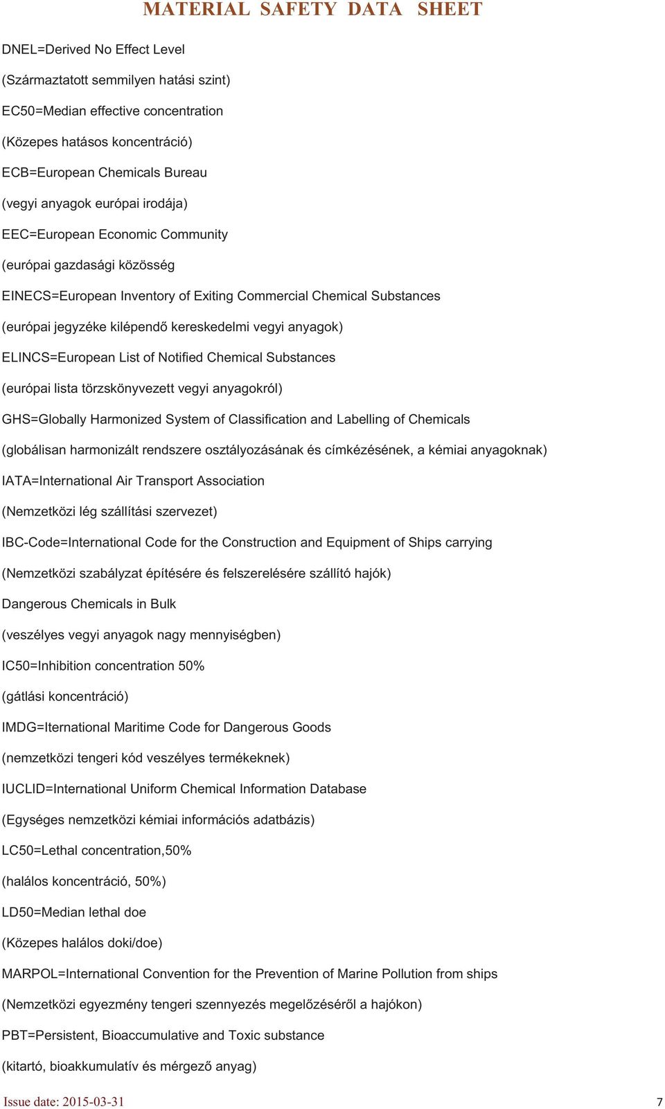 List of Notified Chemical Substances (európai lista törzskönyvezett vegyi anyagokról) GHS=Globally Harmonized System of Classification and Labelling of Chemicals (globálisan harmonizált rendszere