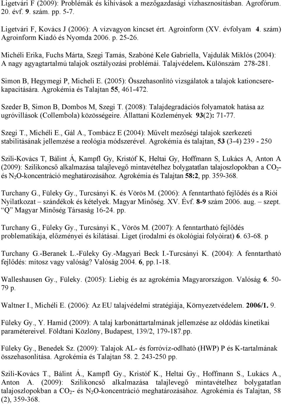 Talajvédelem. Különszám 278-281. Simon B, Hegymegi P, Micheli E. (2005): Összehasonlító vizsgálatok a talajok kationcserekapacitására. Agrokémia és Talajtan 55, 461-472.