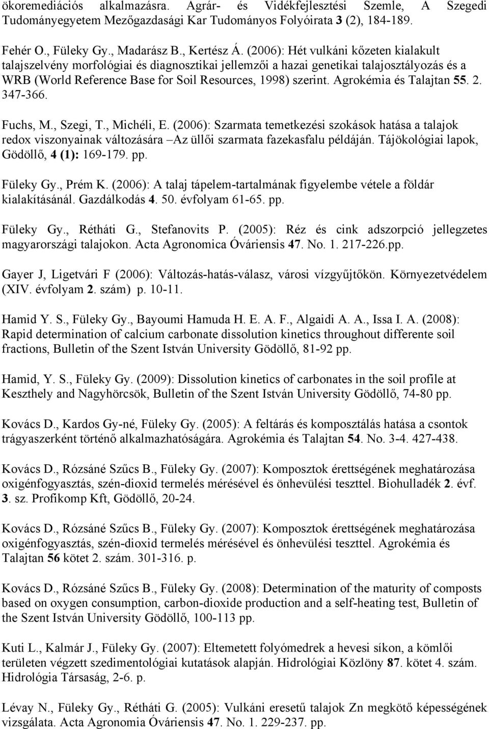 Agrokémia és Talajtan 55. 2. 347-366. Fuchs, M., Szegi, T., Michéli, E. (2006): Szarmata temetkezési szokások hatása a talajok redox viszonyainak változására Az üllői szarmata fazekasfalu példáján.