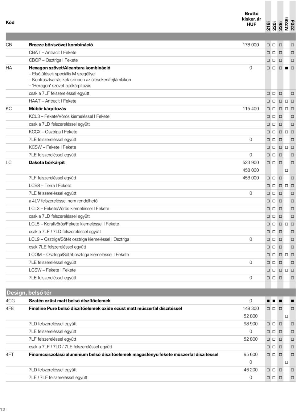 Kontrasztvarrás kék színben az üléseken/fejtámlákon 'Hexagon' szövet ajtókárpitozás csak a 7LF felszereléssel együtt o o o o HAAT Antracit Fekete o o o o o KC Műbőr kárpitozás 115 400 o o o o o KCL3