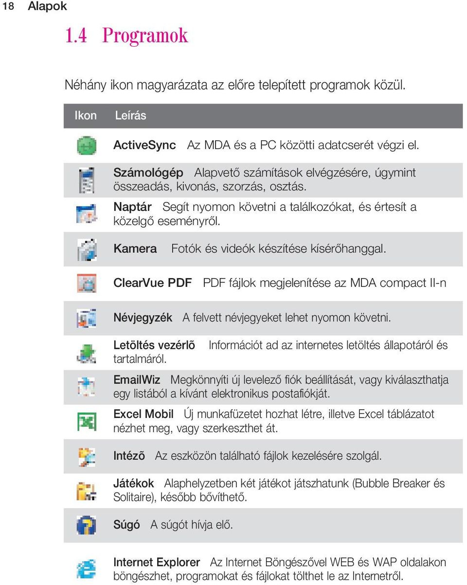 Kamera Fotók és videók készítése kísérôhanggal. ClearVue PDF PDF fájlok megjelenítése az MDA compact II-n Névjegyzék A felvett névjegyeket lehet nyomon követni.