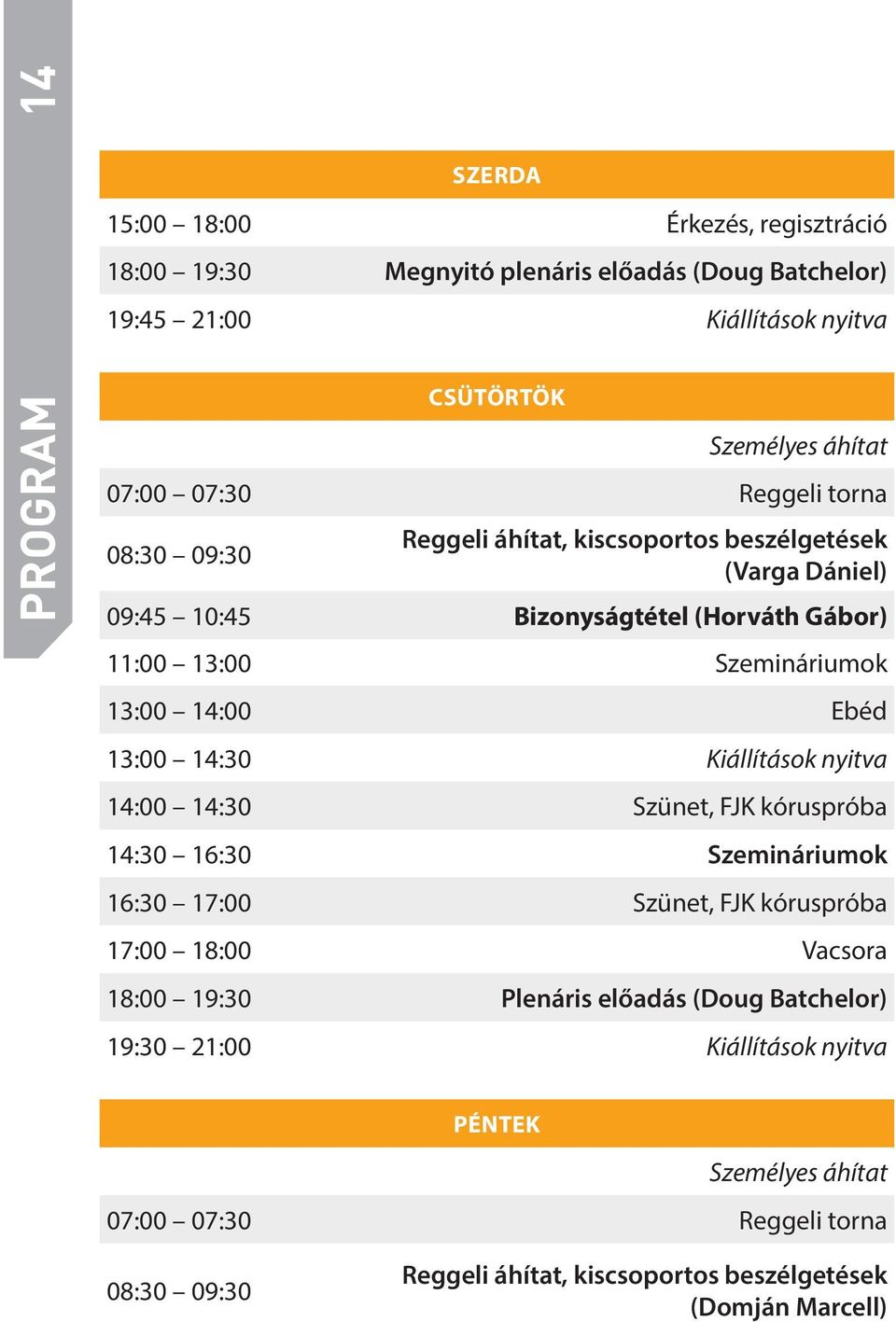 Ebéd 13:00 14:30 Kiállítások nyitva 14:00 14:30 Szünet, FJK kóruspróba 14:30 16:30 Szemináriumok 16:30 17:00 Szünet, FJK kóruspróba 17:00 18:00 Vacsora 18:00 19:30 Plenáris