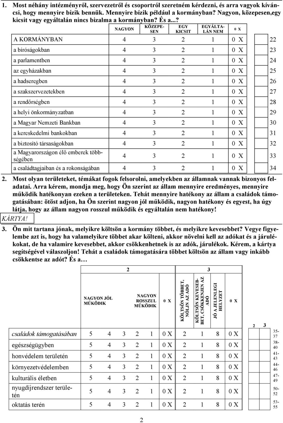 ..? AGYO KÖZEPE- SE EGY KICSIT EGYÁLTA- LÁ EM A KORMÁNYBAN 4 3 2 1 22 a bíróságokban 4 3 2 1 23 a parlamentben 4 3 2 1 24 az egyházakban 4 3 2 1 25 a hadseregben 4 3 2 1 26 a szakszervezetekben 4 3 2