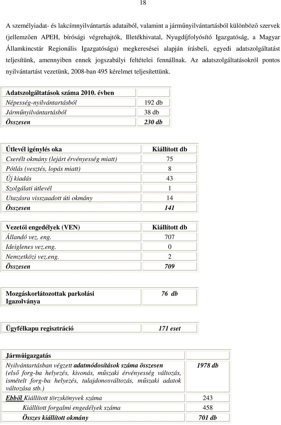 Az adatszolgáltatásokról pontos nyilvántartást vezetünk, 2008-ban 495 kérelmet teljesítettünk. Adatszolgáltatások száma 2010.