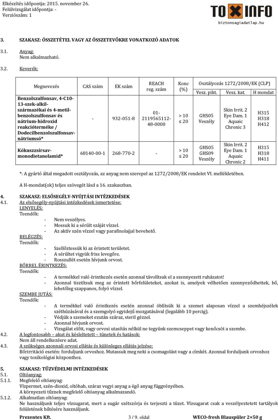 Konc (%) > 10 20 > 10 20 Osztályozás 1272/2008/EK (CLP) Vesz. pikt. GHS05 Veszély GHS05 GHS09 Veszély Vesz. kat. H mondat Skin Irrit. 2 Eye Dam.