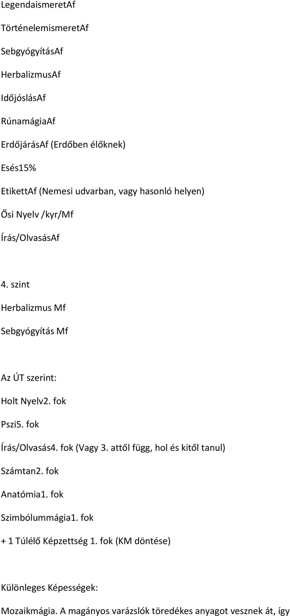 szint Herbalizmus Mf Sebgyógyítás Mf Az ÚT szerint: Holt Nyelv2. fok Pszi5. fok Írás/Olvasás4. fok (Vagy 3.