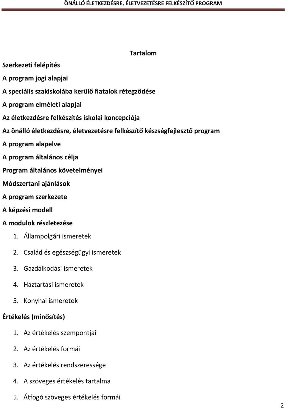 program szerkezete A képzési modell A modulok részletezése 1. Állampolgári ismeretek 2. Család és egészségügyi ismeretek 3. Gazdálkodási ismeretek 4. Háztartási ismeretek 5.