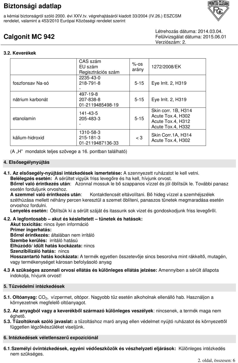 4, H302 Acute Tox.4, H312 Acute Tox.4, H332 Skin Corr.1A, H314 Acute Tox.4, H302 4. Elsısegélynyújtás 4.1. Az elsısegély-nyújtási intézkedések ismertetése: A szennyezett ruházatot le kell vetni.