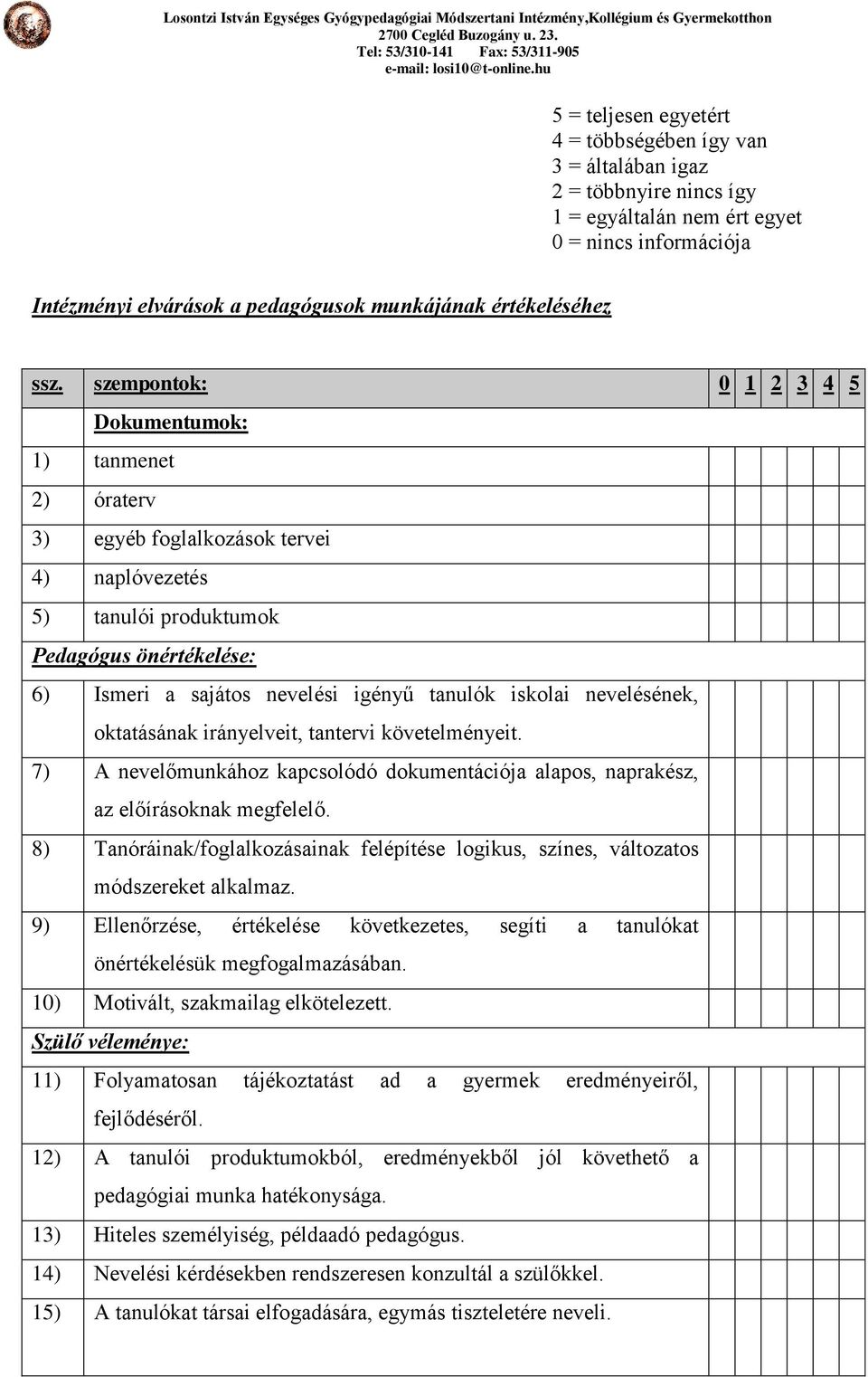 szempontok: 0 1 2 3 4 5 Dokumentumok: 1) tanmenet 2) óraterv 3) egyéb foglalkozások tervei 4) naplóvezetés 5) tanulói produktumok Pedagógus önértékelése: 6) Ismeri a sajátos nevelési igényű tanulók