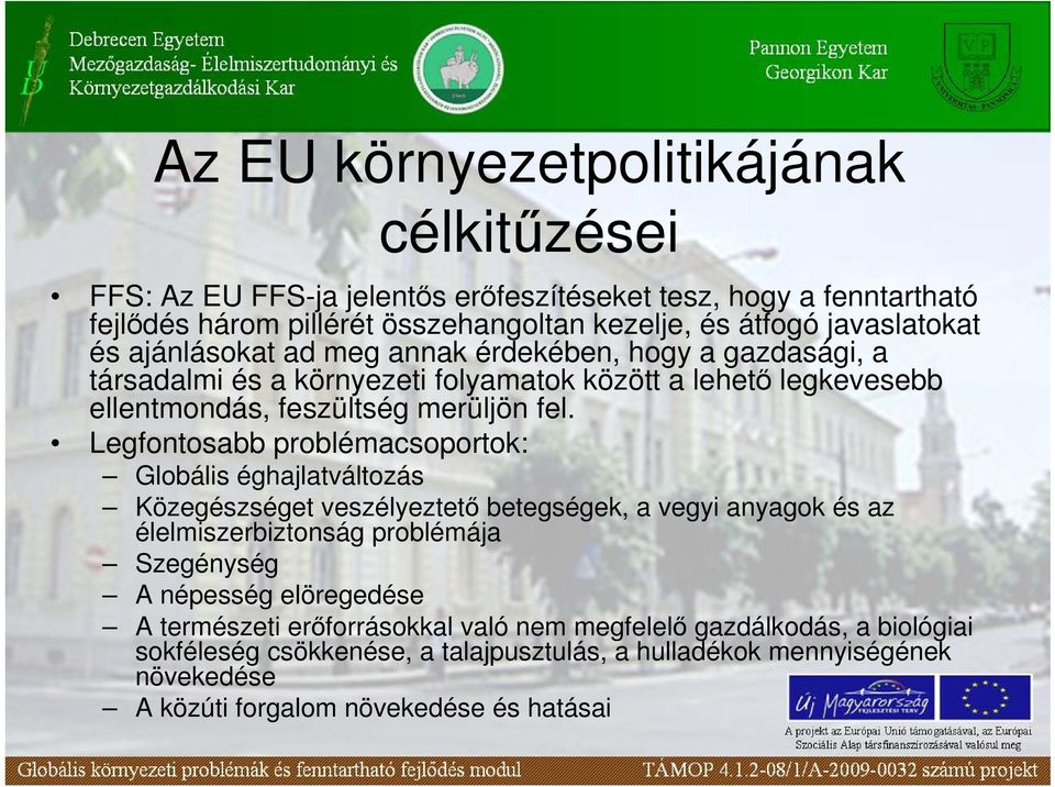 Legfontosabb problémacsoportok: Globális éghajlatváltozás Közegészséget veszélyeztetı betegségek, a vegyi anyagok és az élelmiszerbiztonság problémája Szegénység A népesség